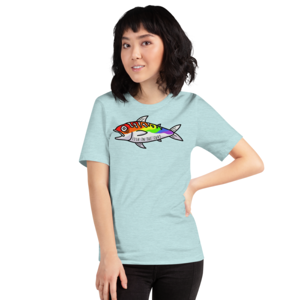 Whale Sac fish in the chat heather prism ice blue unisex v-neck tee t-shirt tshirt apparel disc golf discgolf