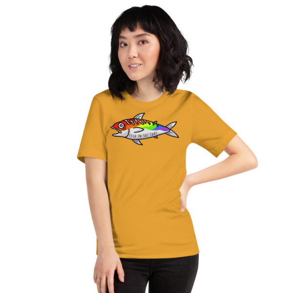 Whale Sac fish in the chat mustard unisex v-neck tee t-shirt tshirt apparel disc golf discgolf